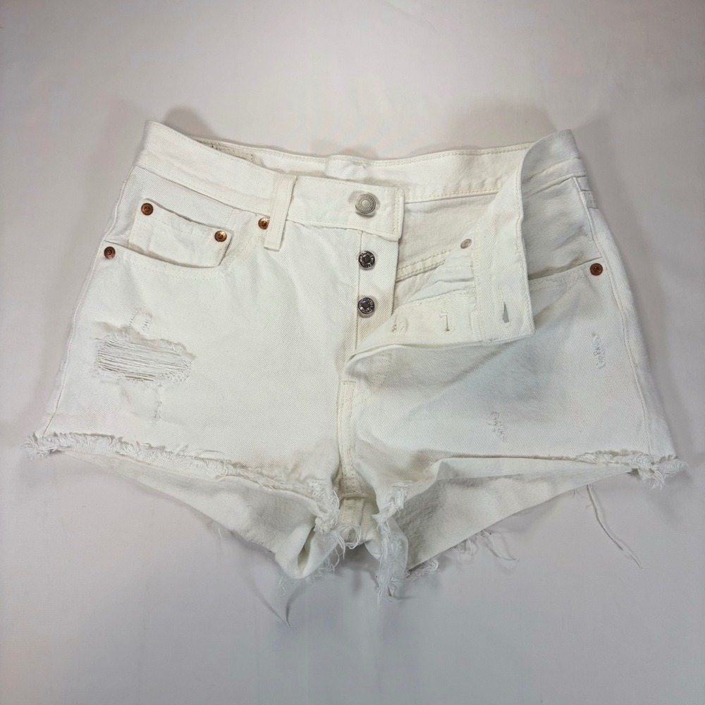 Levis Premium 501 Original White Distressed Denim Shorts 24 Button Fly Jorts